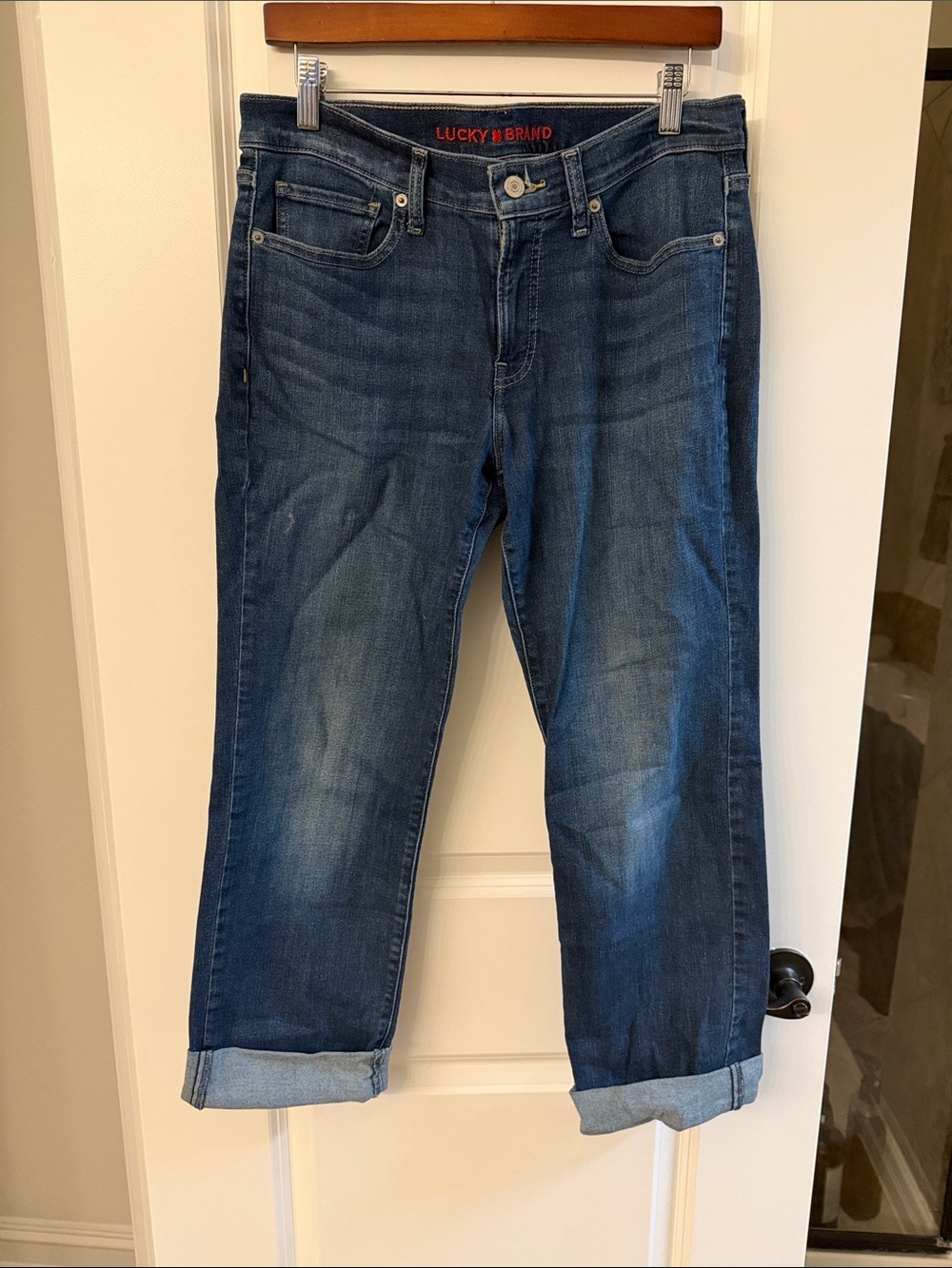 Lucky Brand Women's Dark Blue Boyfriend Jeans with Cuffed Hem